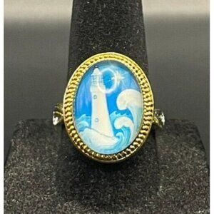 Vintage Antique Silver & Gold Tone Rhinestone Lighthouse Ring - Size 7
